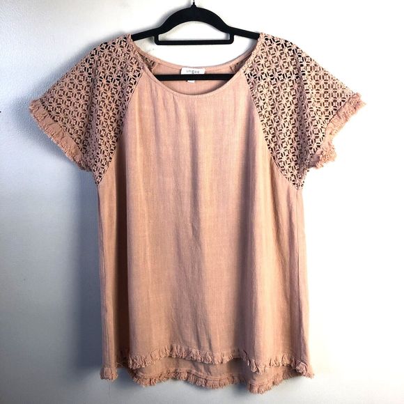 Umgee Top Womens S Eyelet Crochet Sleeve Tunic Blouse Raw Hem Linen Blend Boho - Picture 1 of 10